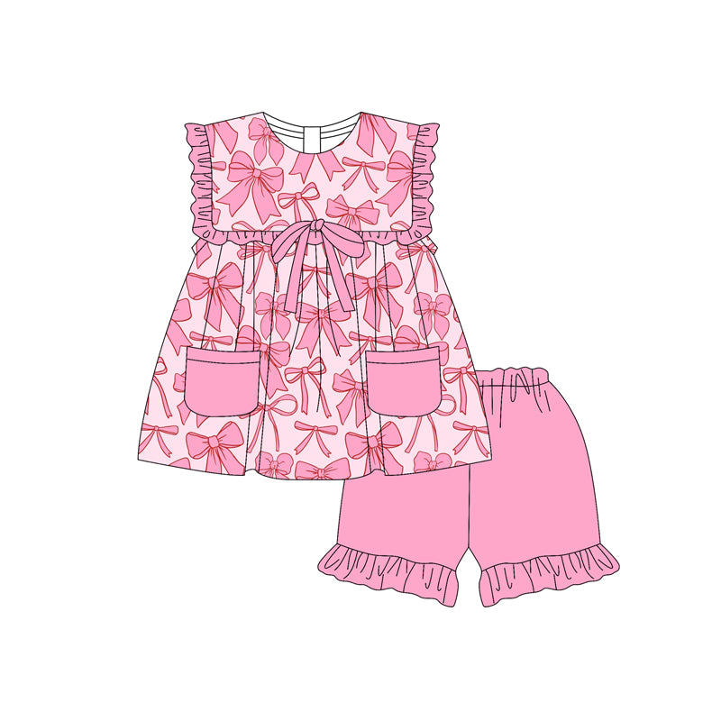 presale GSSO2464 Baby Girls Pink Bows Pockets Tunic Ruffle Short Set D 3.20