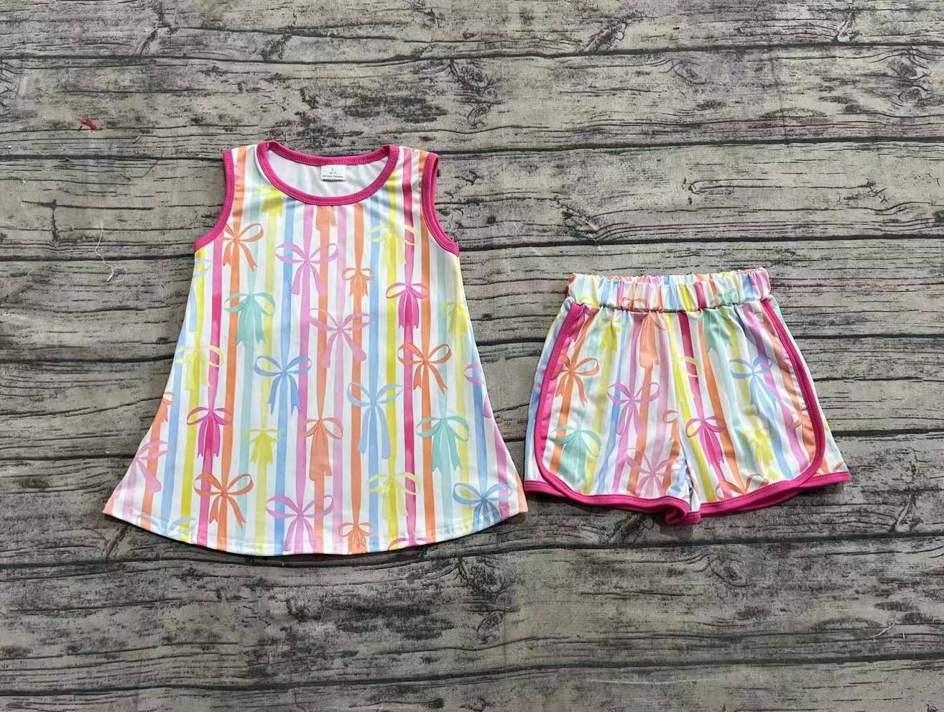 Sibling Baby Girls Sleeveless Colorful Stripe Bows Top Shorts Sets Knee Length Dresses D 816