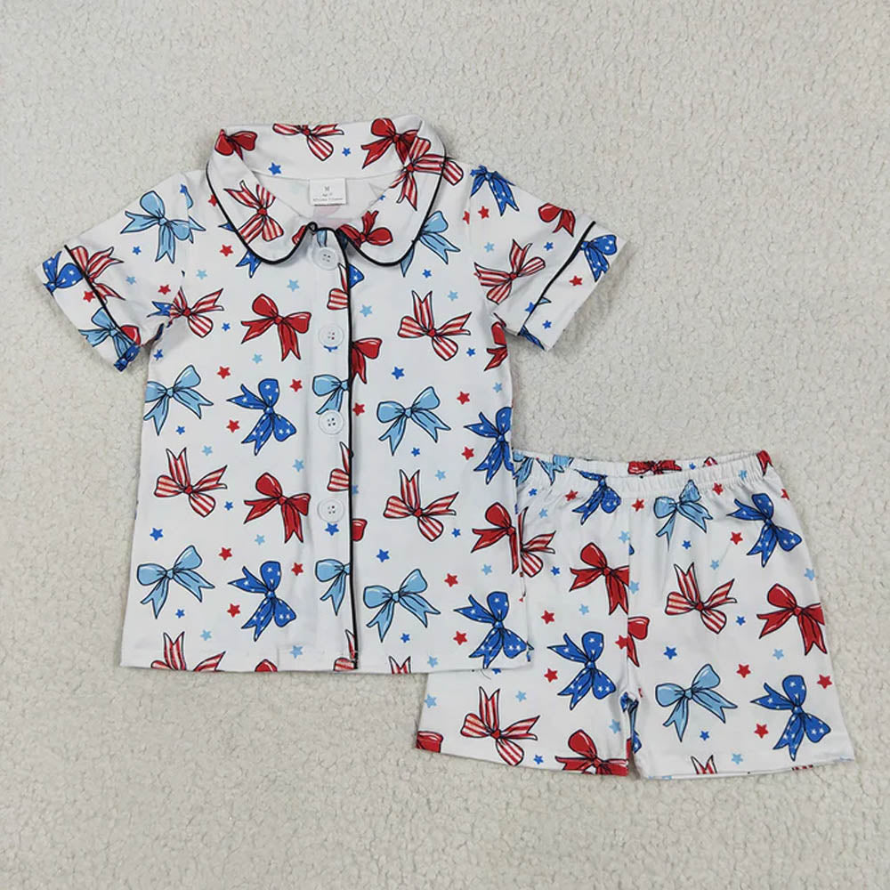 Sibling Baby Girls Bows Button Top Short 4th Of July Pajamas Sets D 7.8