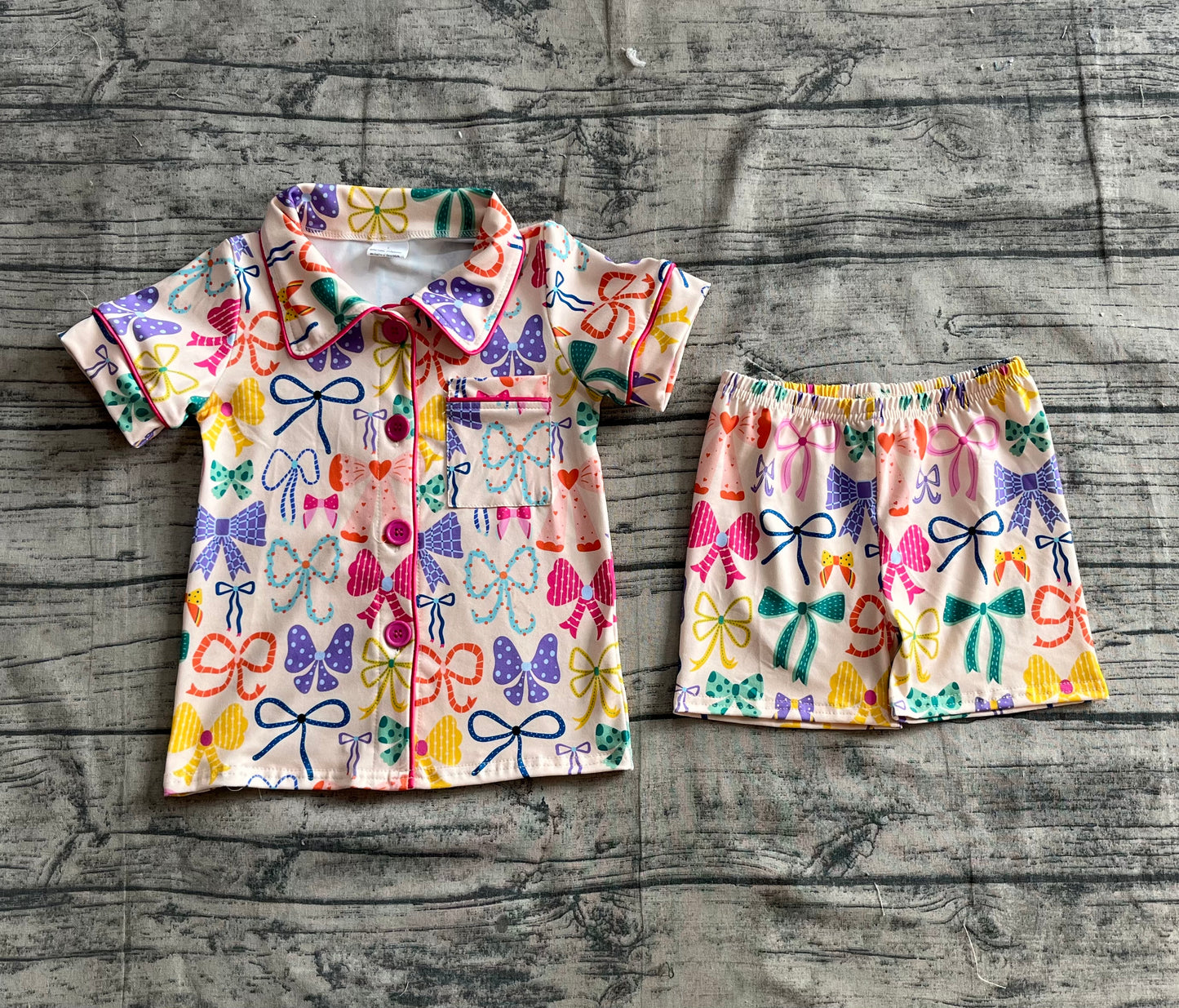 GSSO2487 Baby Girls Colorful Bows Button Pocket Top Short Pajamas Set D 4.11