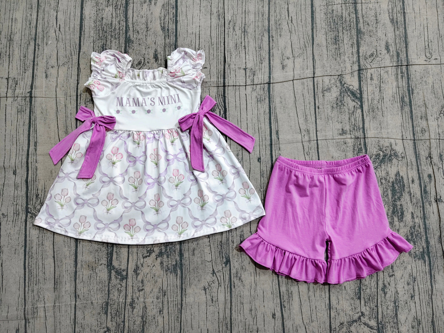 Pre order purple bow flower mama's mini shorts set