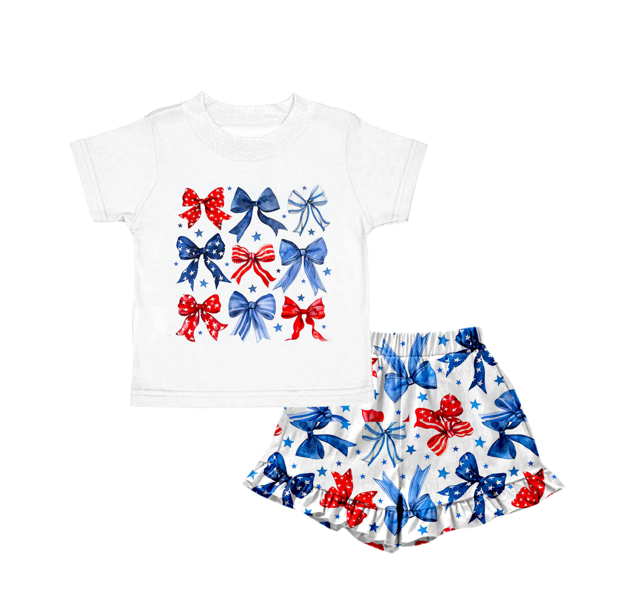 GSSO2512 Baby Girls Blue Red Bows Stars Top Ruffle Short 4th Of July Set D 4.7