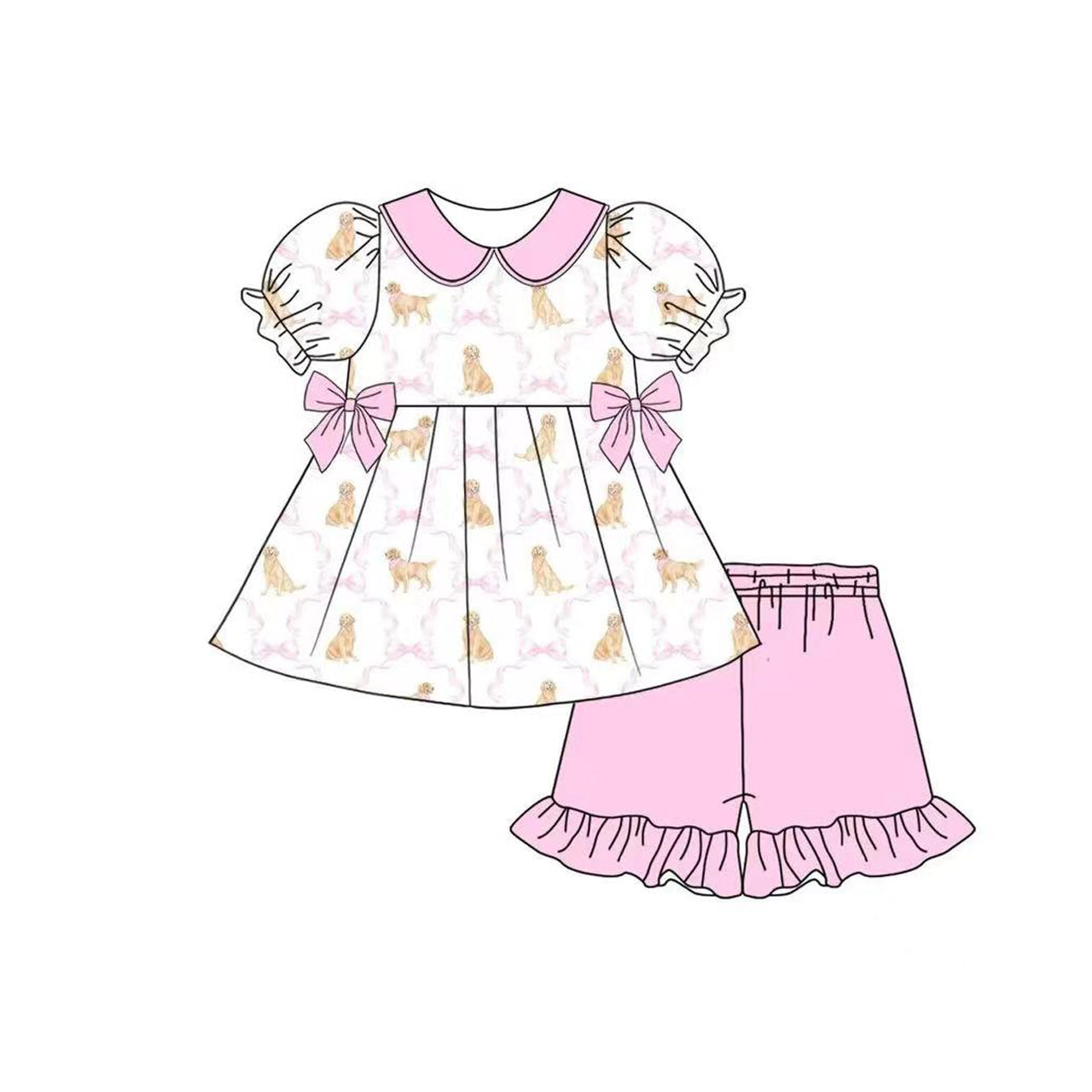 presale GSSO2532 Puppy Pink Bow Pattern Plaid Doll Collar Short Sleeve Shorts Set D 3.29