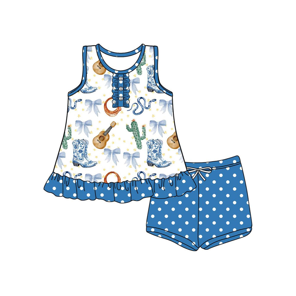 presale GSSO2535 Boots Guitar Cactus Blue Bow Pattern White Sleeveless Polka Dot Shorts Set D 3.29