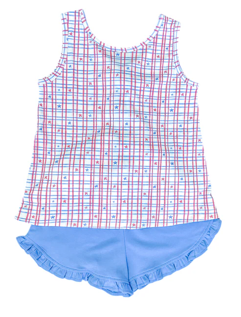 presale GSSO2539 Baby Girls Sleeveless Blue Red Plaid Stars Tunic Ruffle Short 4th Of July Set D 4.2