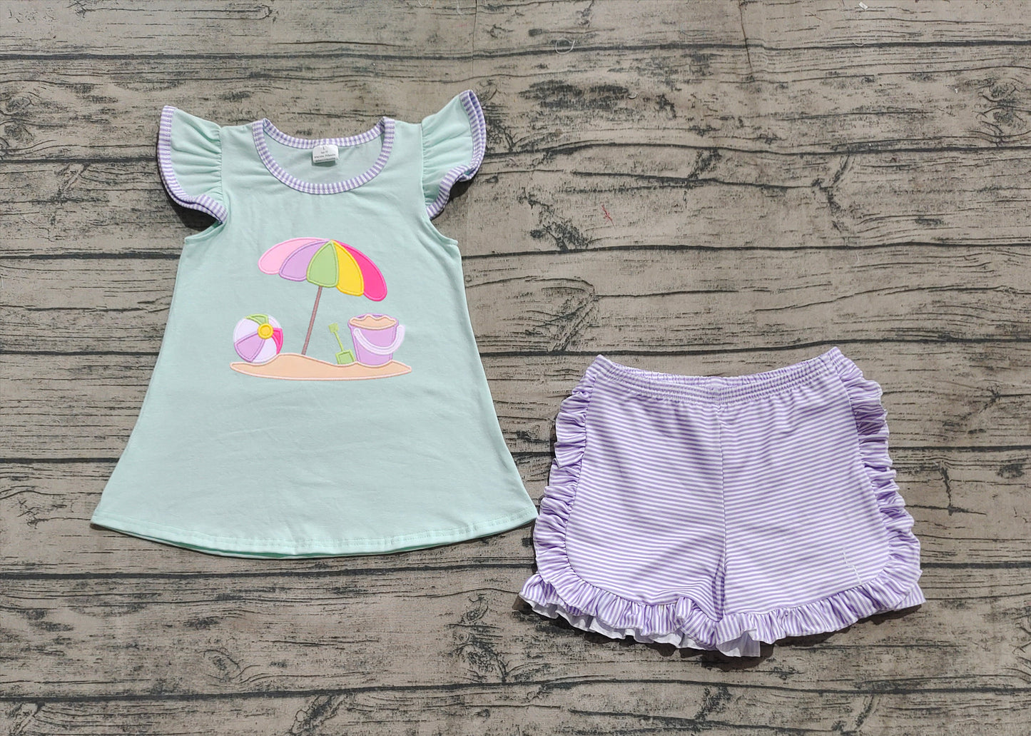GSSO2553 Baby Girls Flutter Sleeves Beach Tunic Lavender Stripe Ruffle Short Set D 5.30
