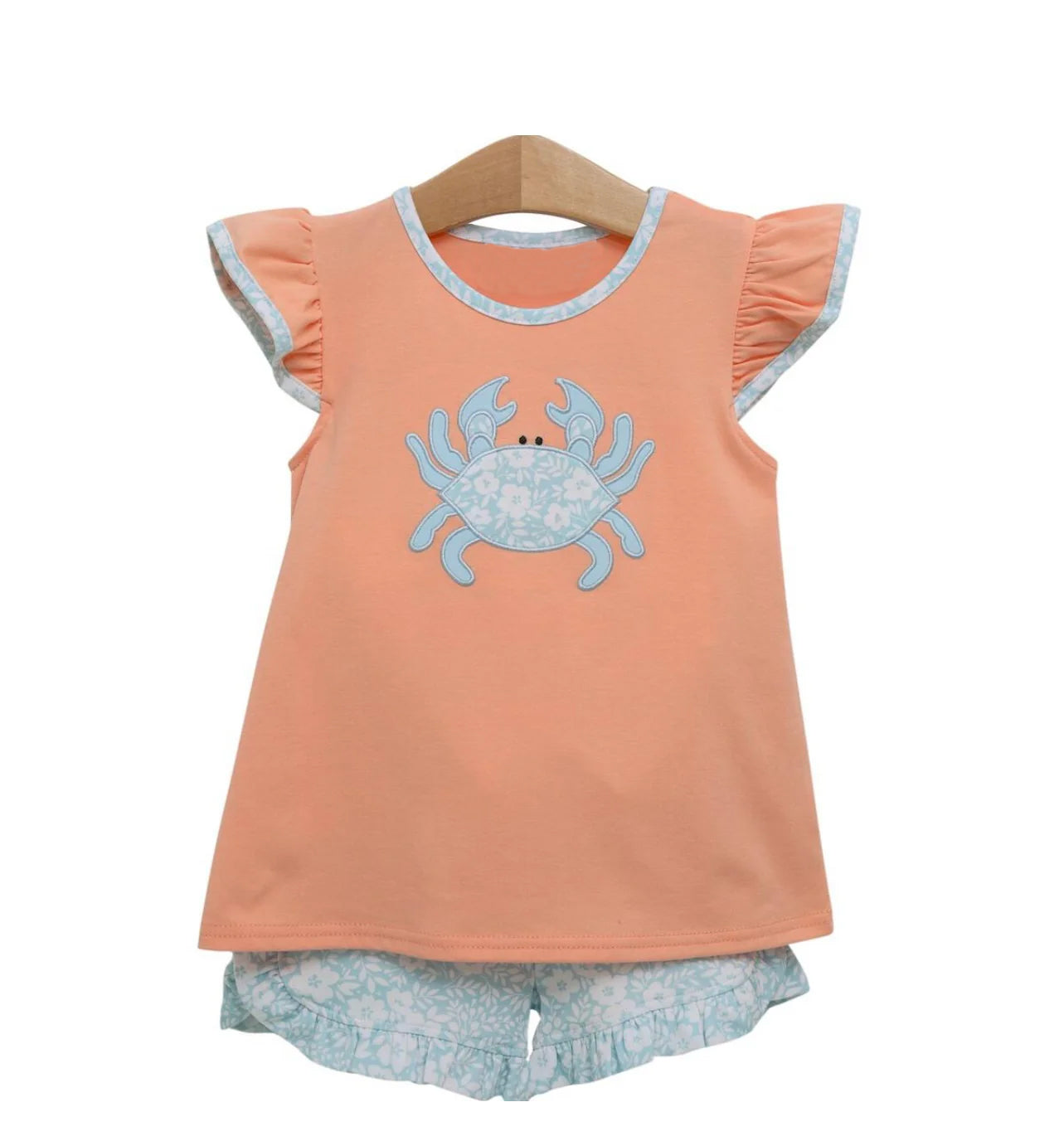 GSSO2555 Embroidery Baby Girls Orange Flutter Sleeves Crab Tunic Floral Ruffle Short Set D 5.22