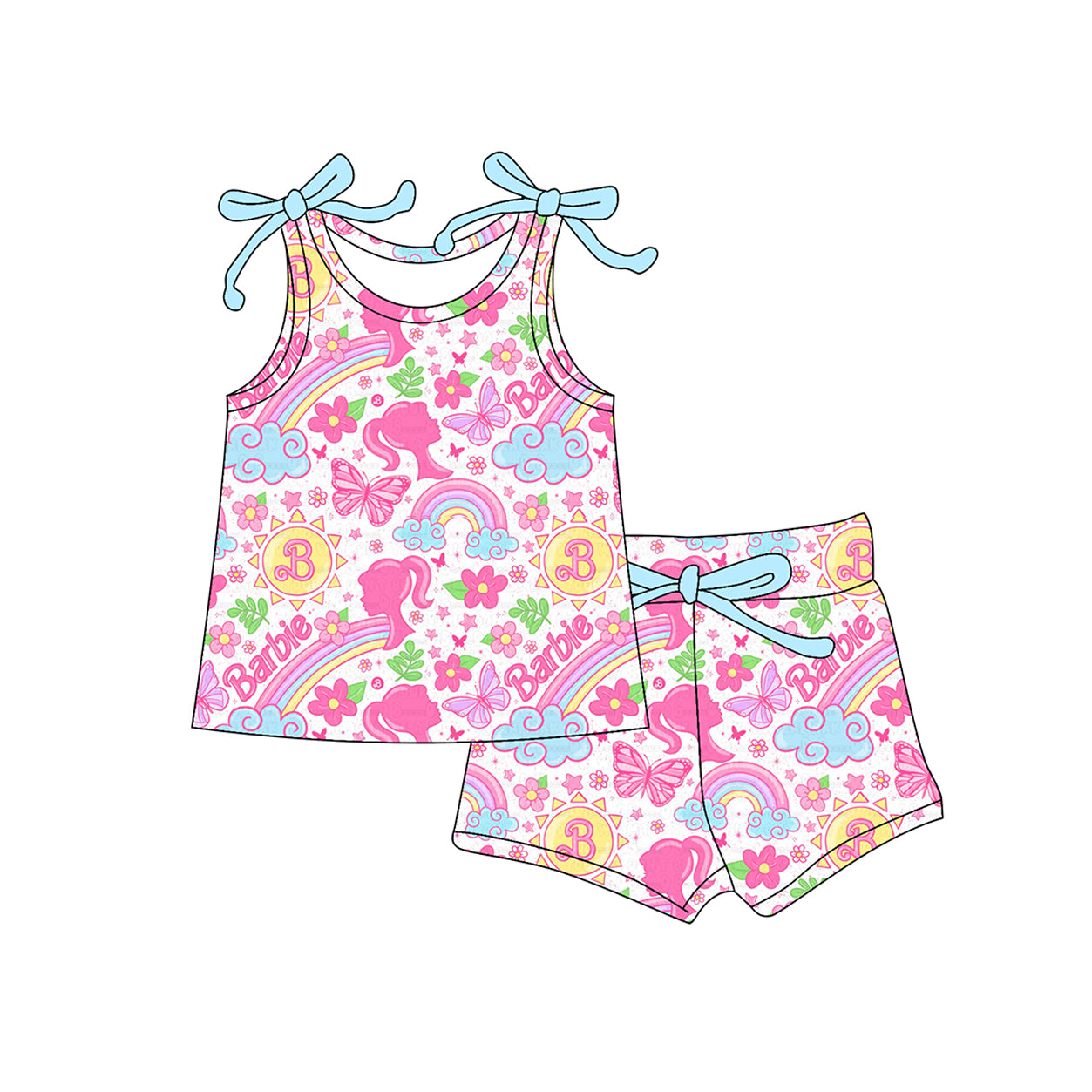 presale GSSO2557 Baby Girls Bows Sleeveless Cartoon Flowers Top Short Set D 4.4