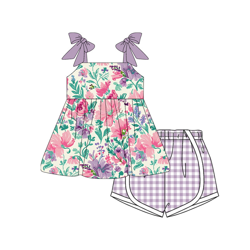 presale GSSO2558 Baby Girls Lavender Bows Strap Floral Tunic Plaid Short Set D 4.4