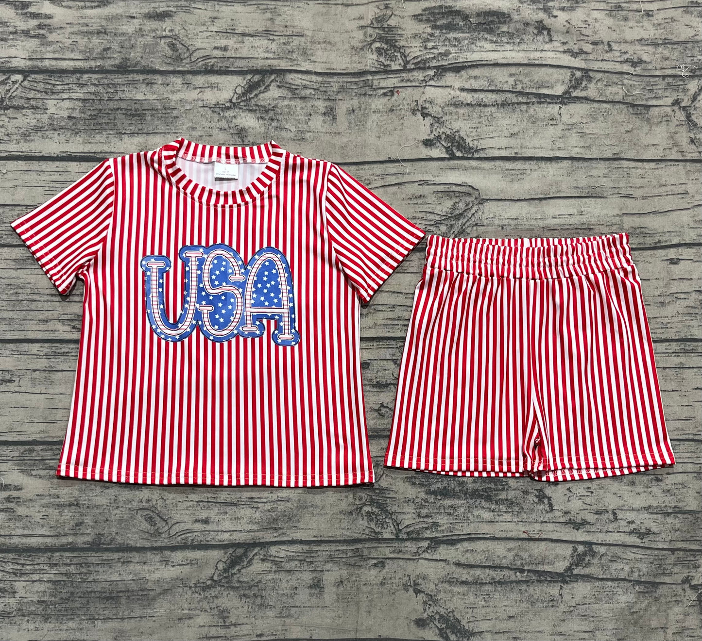 GSSO2577 Baby Girls Red Stripe USA Top Short 4th Of July Pajamas Set D 4.9