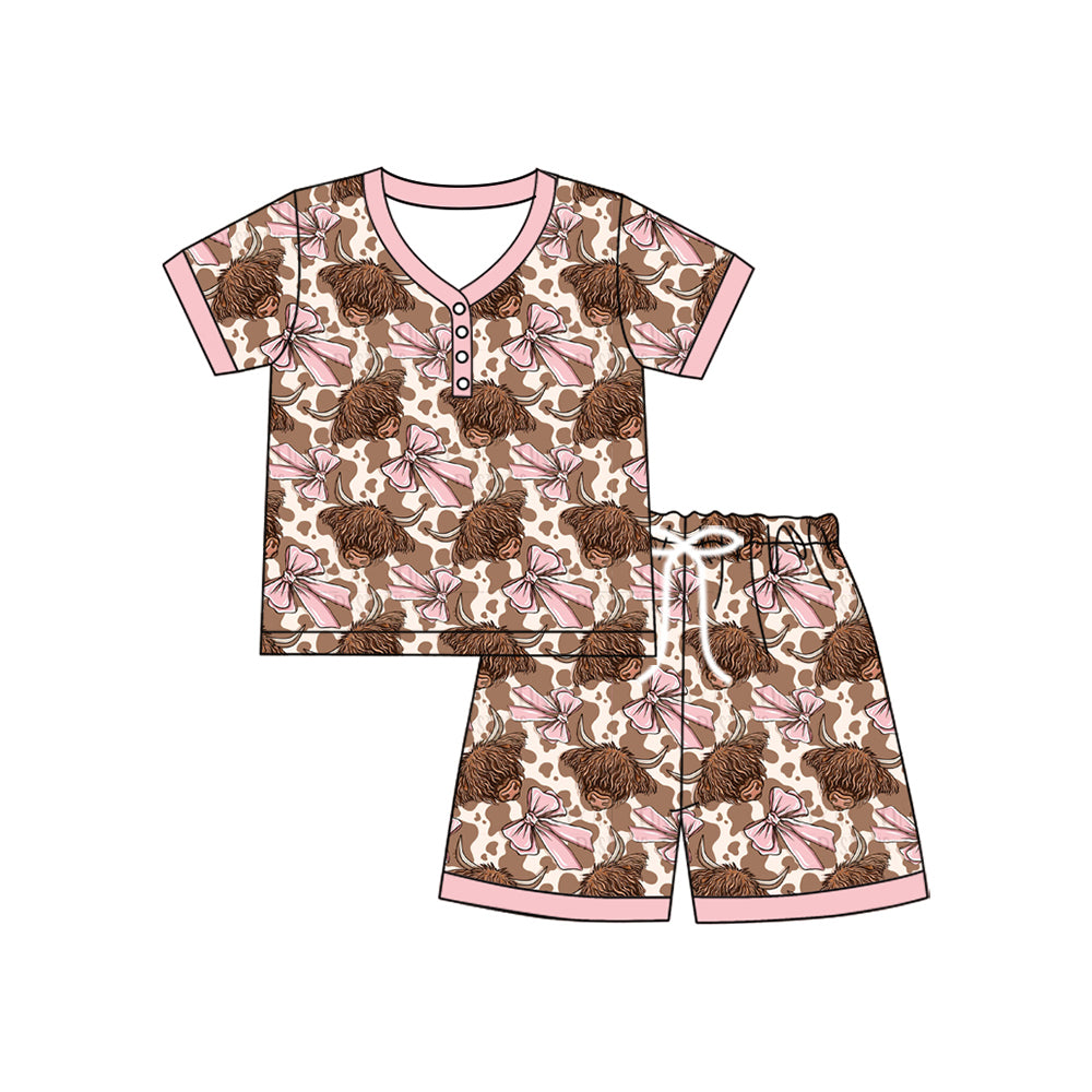 presale GSSO2610 Adult Women Short Sleeves Button Highland Cow Print Pink Bows Top Short Pajamas Sets D 4.21