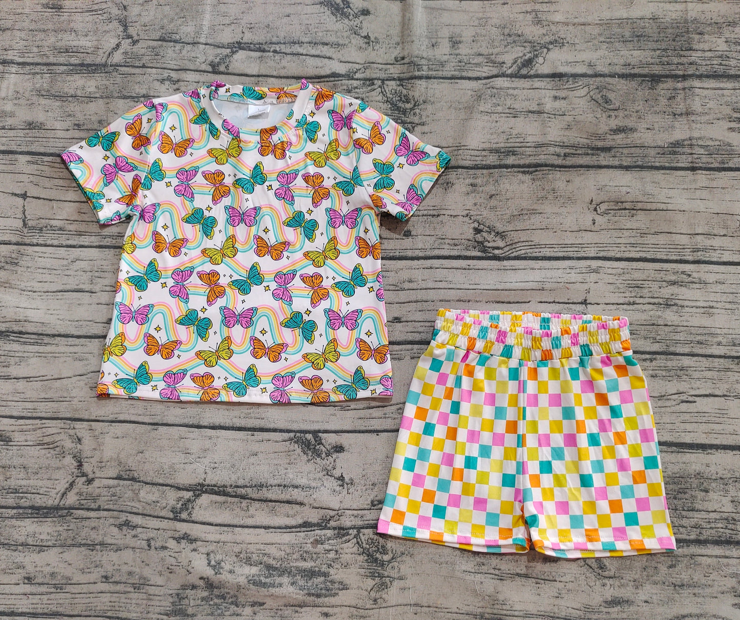 GSSO2615 Baby Girls Short Sleeves Butterfly Rainbows Top Colorful Plaid Short Pajamas Set D 5.24