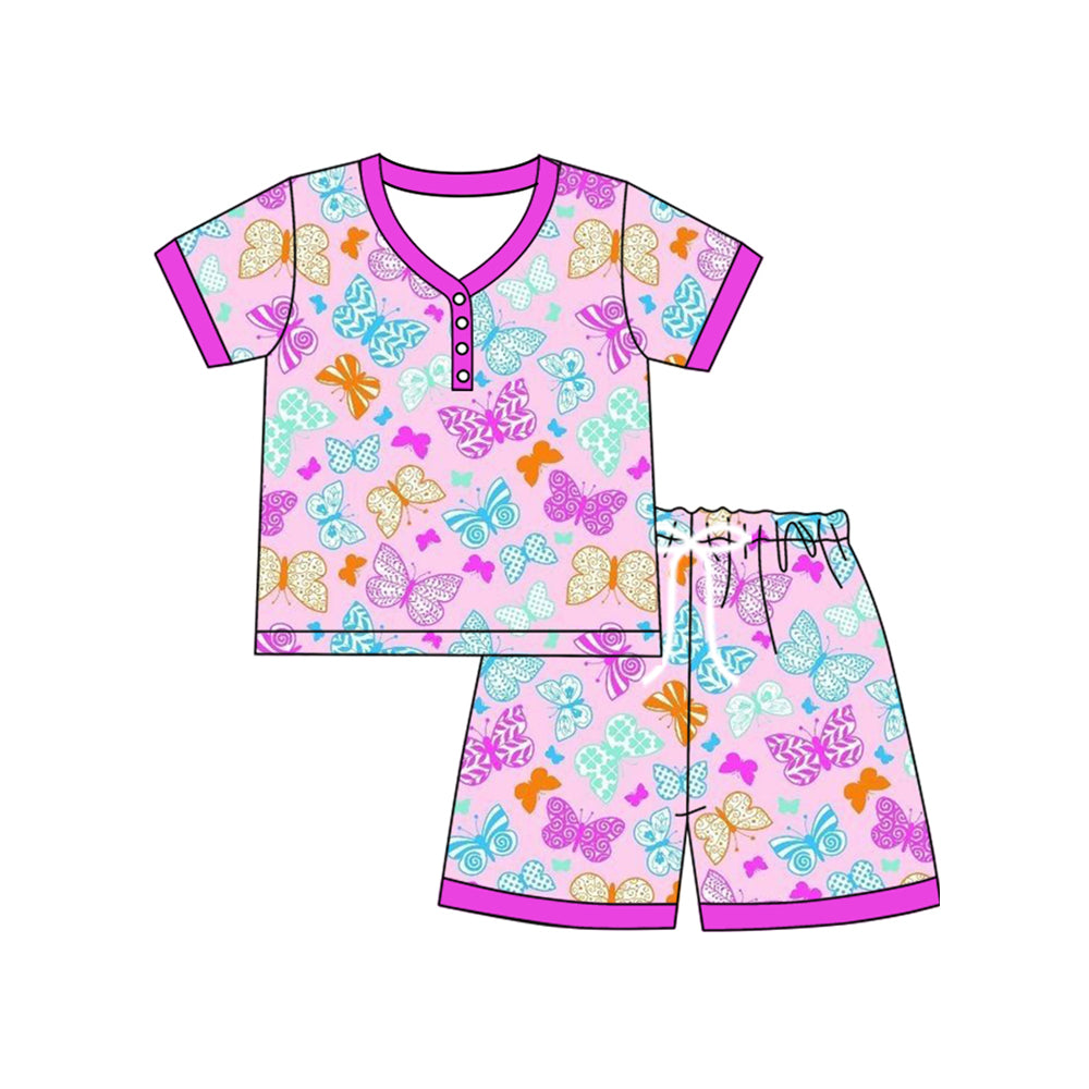 presale GSSO2616 Adult Women Hot Pink Short Sleeves Butterfly Button Top Short Pajamas Sets D 4.21