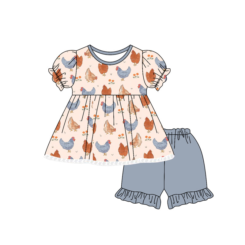 presale GSSO2625 Baby Girls Short Ruffle Sleeves Flowers Chicks Tunic Shorts Set D 4.25