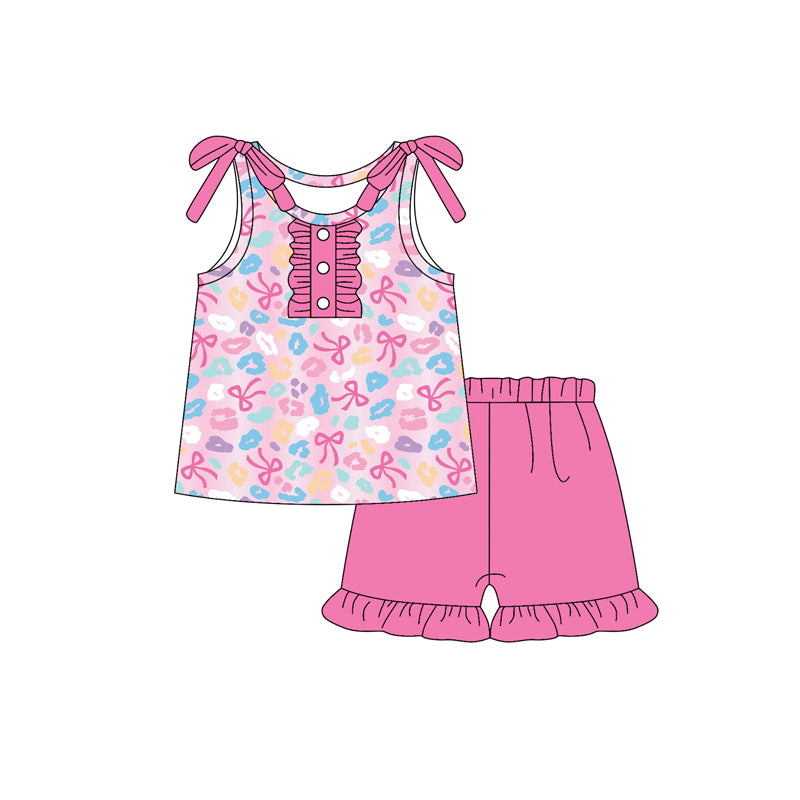 presale GSSO2643 Baby Girls Sleeveless Pink Bows Leopard Button Top Ruffle Short Set D 5.24