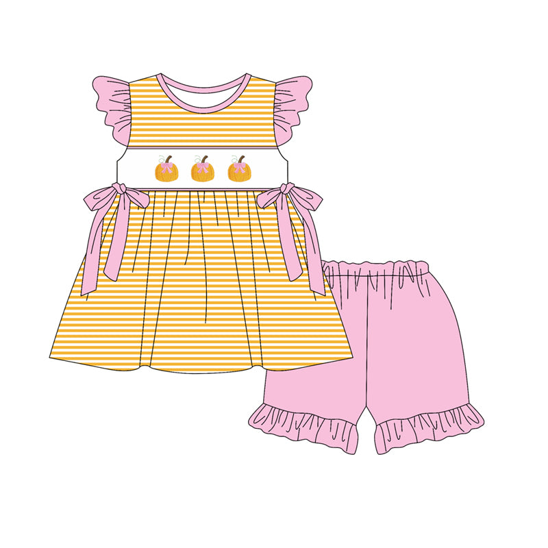 presale GSSO2644 Baby Girls Flutter Sleeves Yellow Stripe Pumpkins Tunic Ruffle Short Set D 5.24