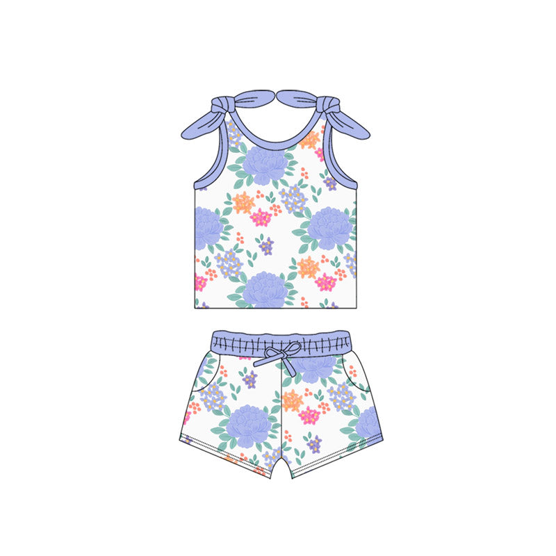 presale GSSO2652 Baby Girls Sleeveless Lavender Flowers Vest Top Pockets Short Sets D 5.27