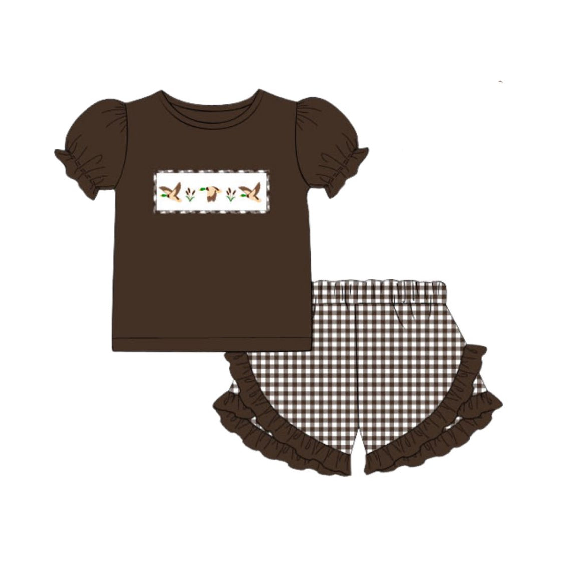 presale GSSO2672 Baby Girls Brown Short Ruffle Sleeves Ducks Top Plaid Short Set D 6.9