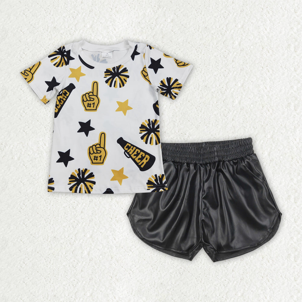 GSSO2685 Baby Girls Cheer Yellow Team Tops Black Leather Shorts Clothes Sets D 6.18