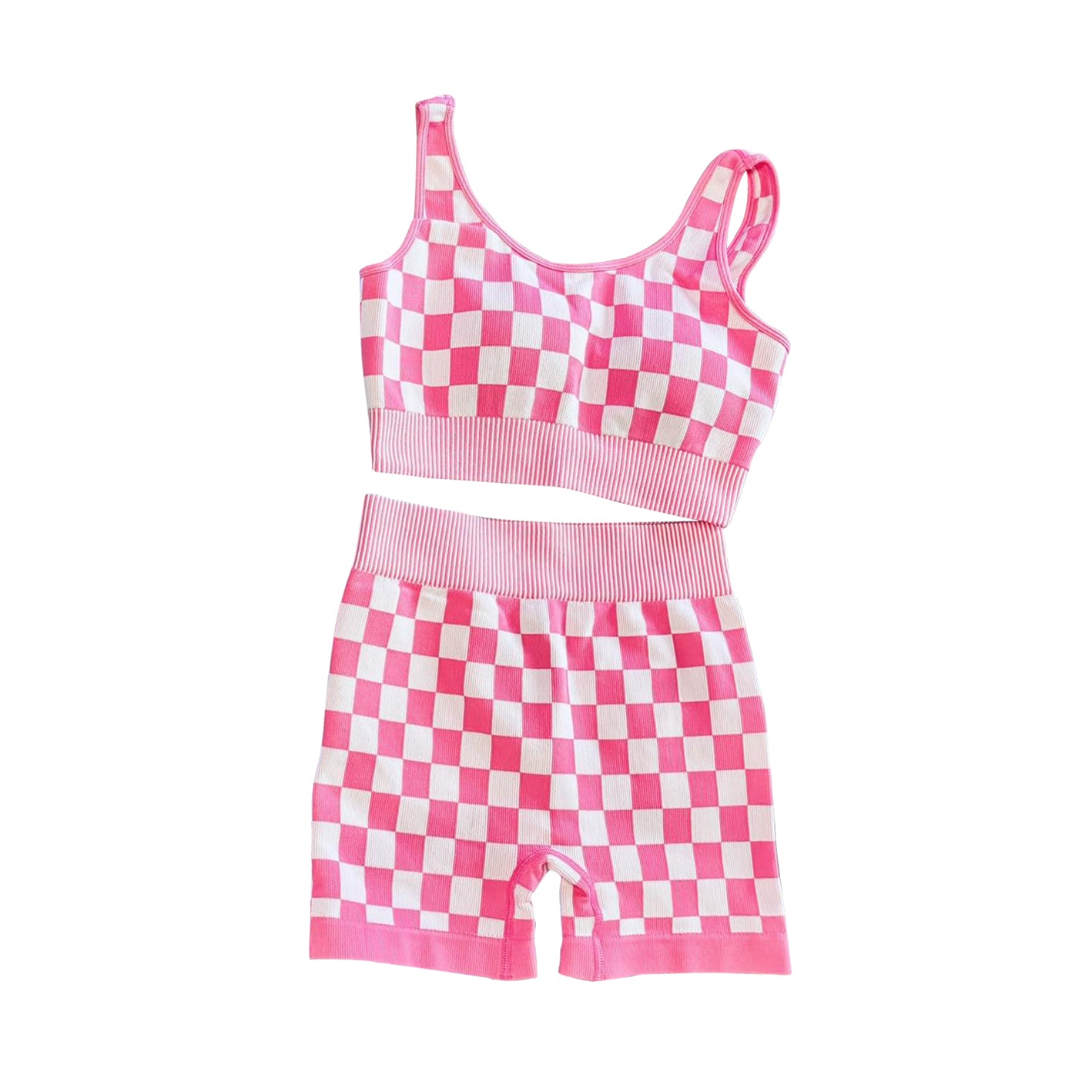 presale GSSO2691 Adult Women Sleeveless Pink Plaid Vests Top Short Sets D 6.23
