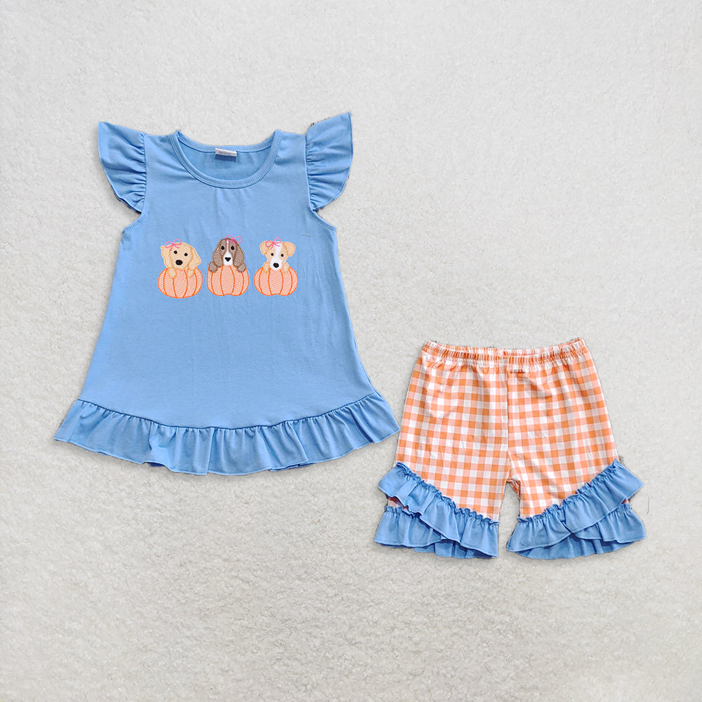 Sibling Embroidery Dogs Pumpkins Baby Boys Girls Top Shorts Fall Clothes Sets D 909