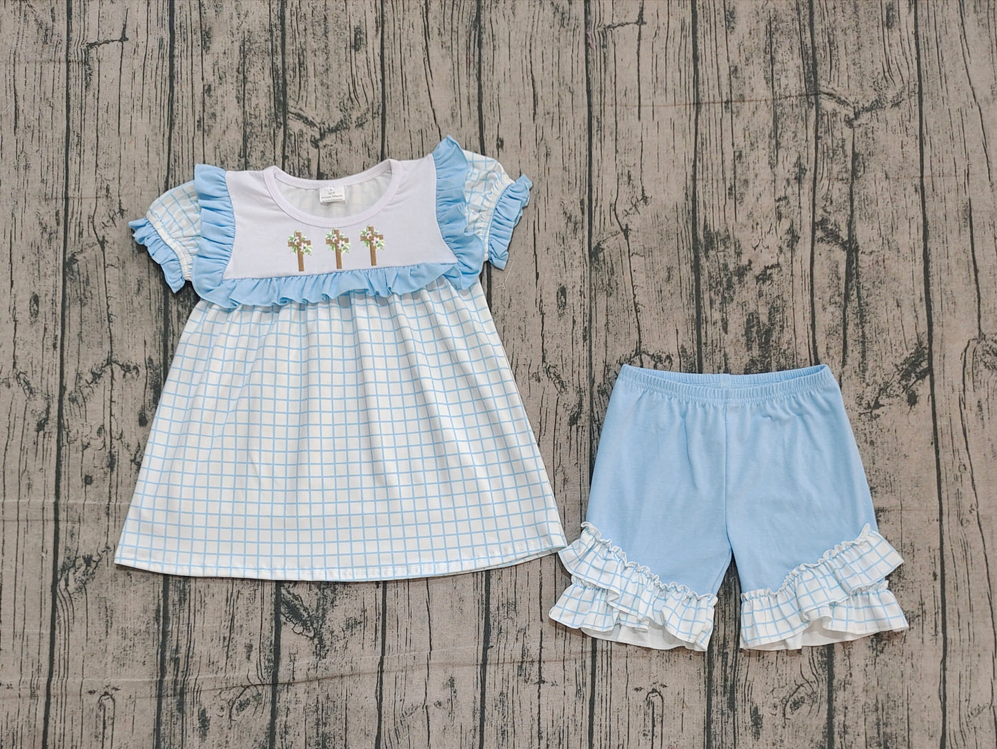presale GSSO2718 Embroidery Crosses Baby Girls Blue Checked Tunic Ruffle Shorts Easter Clothes Sets D 1013