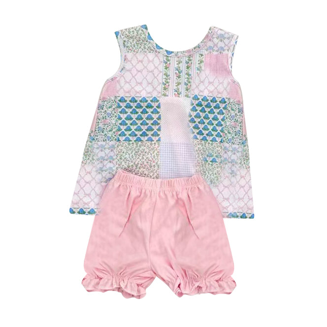 presale GSSO2731 Baby Girls Bows Flowers Checked Tunic Ruffle Shorts Clothes Sets D 1008
