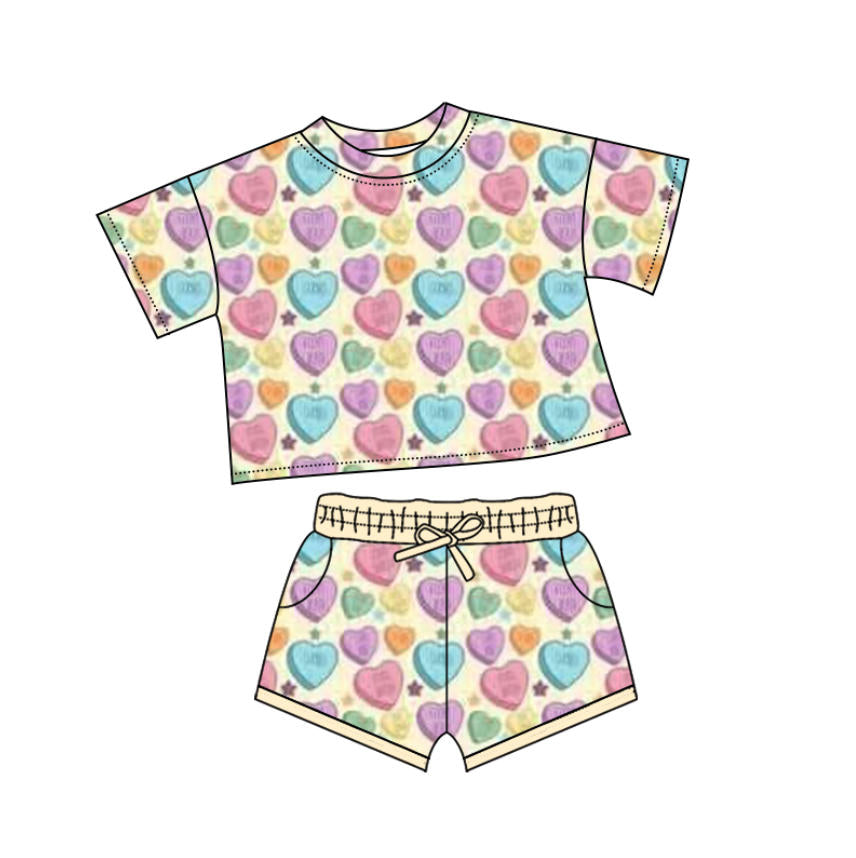 presale GSSO2735 Baby Girls Colorful Hearts Stars Top Pockets Shorts Valentine Clothes Sets D 1010