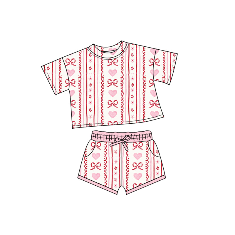 presale GSSO2738 Baby Girls Pink Bows Hearts Stripe Top Pockets Shorts Valentine Clothes Sets D 1010