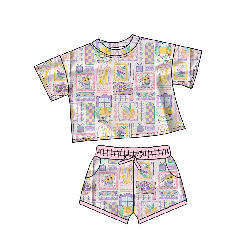 presale GSSO2742 Baby Girls Mardigras Anchors Masks Checked Top Pockets Shorts Clothes Sets D 1011