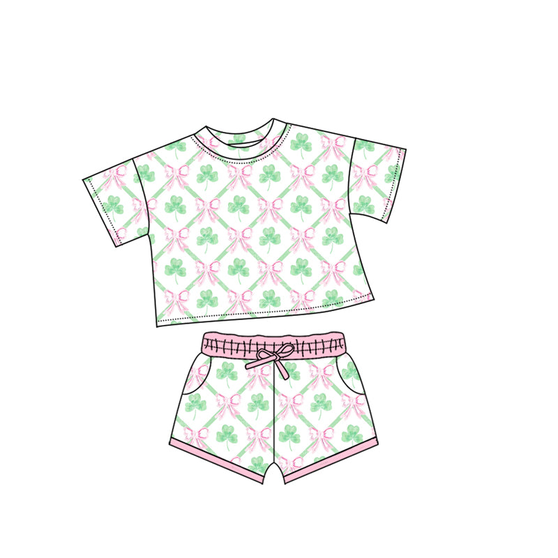 presale GSSO2745 Baby Girls Bows Clovers Checked Top Pockets Shorts St Patrick Clothes Sets D 1011