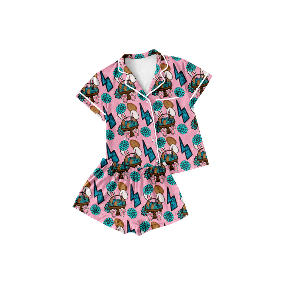 presale GSSO2746 Baby Girls Rabbits Eggs Turquoises Button Top Shorts Easter Pajamas Sets D 1011