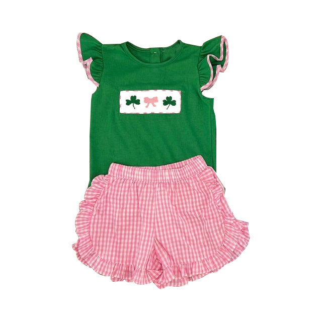 presale GSSO2752 Baby Girls Bows Clovers Top Ruffle Checked Shorts St Patrick Clothes Sets D 1015