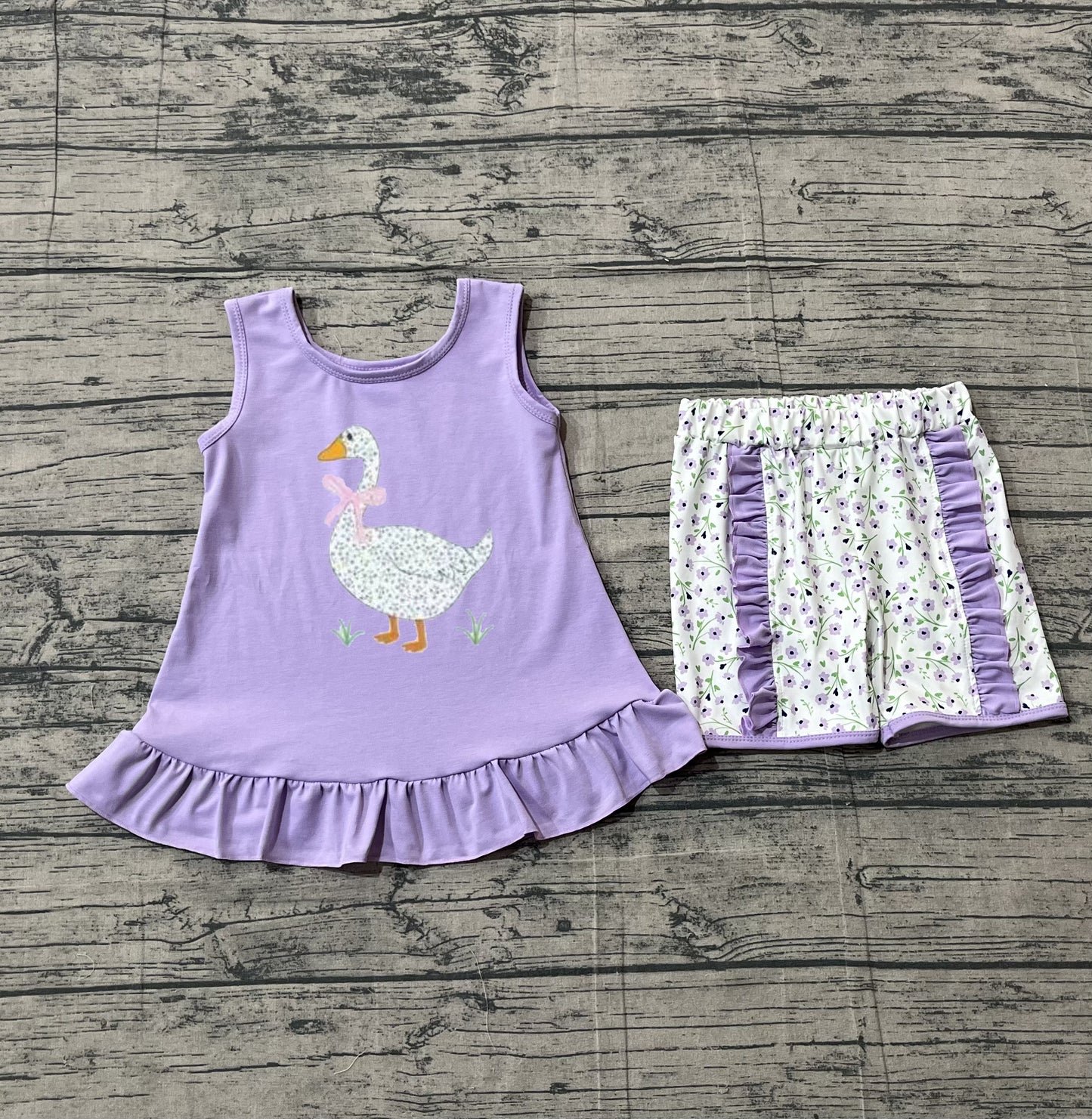 Pre-order Embroidery Floral Goose Baby Girls Lavender Tunic Ruffle Shorts Clothes Sets