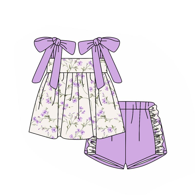 presale GSSO2777 Baby Girls Lavender Strap Flowers Tunic Ruffle Shorts Clothes Sets D 1029