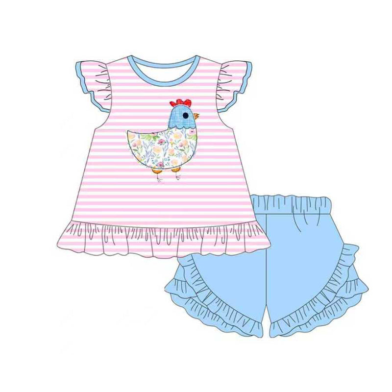 presale GSSO2797 Baby Girls Stripe Floral Chick Tunic Ruffle Shorts Farm Clothes Sets D 1104