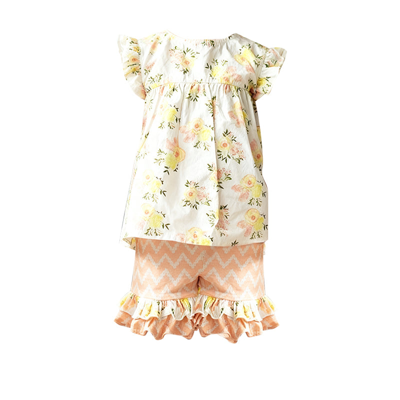 presale GSSO2811 Baby Girls Light Pink Flowers Tunic Ruffle Shorts Clothes Sets D 1114