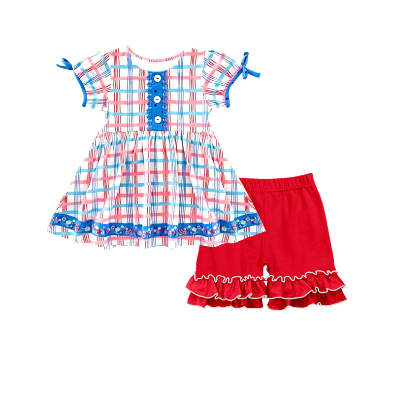 presale GSSO2815 Baby Girls Red Blue Checked Button Tunic Ruffle Shorts July 4th Clothes Sets D 1114