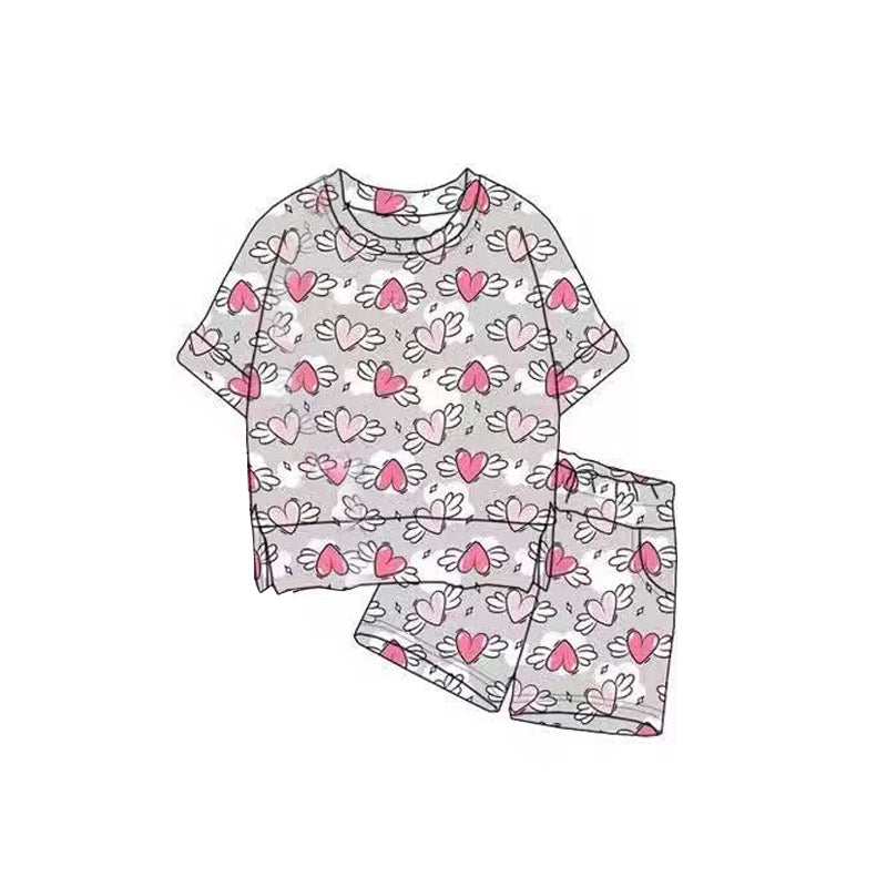 presale GSSO2818 Baby Girls Angle Hearts Plaid Top Pockets Shorts Valentine Clothes Sets D 1120