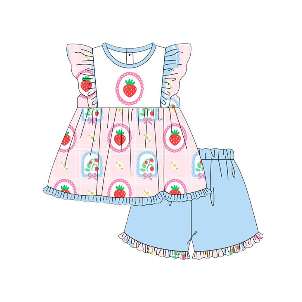 presale GSSO2822 Baby Girls Bows Strawberry Flutter Sleeve Tunic Ruffle Shorts Clothes Sets D 1120