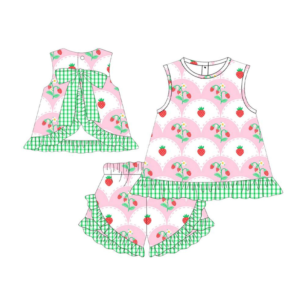 presale GSSO2823 Baby Girls Strawberry Back Bows Tunic Ruffle Shorts Clothes Sets D 1120