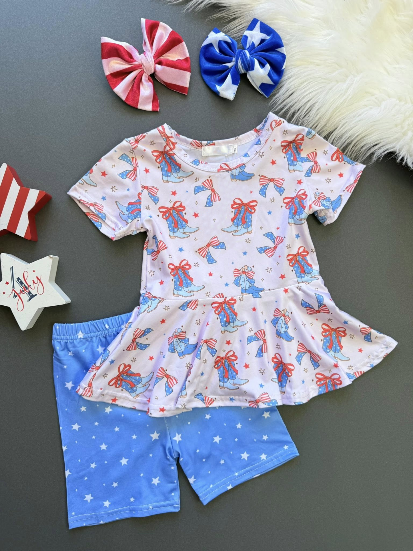 presale GSSO2837 Baby Girls Bows Boots Stars Tunic Shorts Western July 4th Clothes Sets D 1126