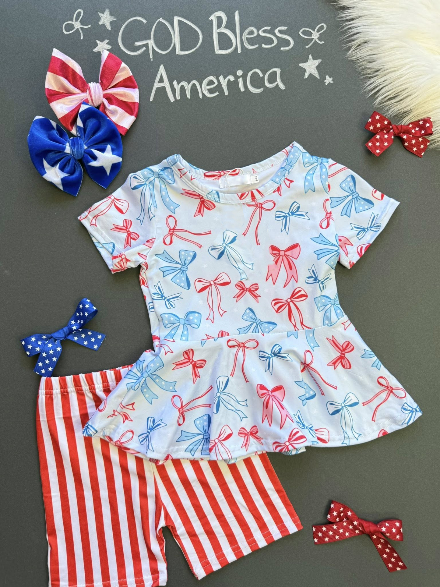 presale GSSO2838 Baby Girls Red Blue Bows Tunic Stripe Shorts July 4th Clothes Sets D 1126