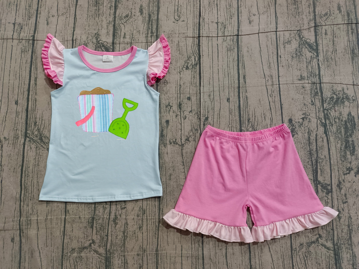 Pre-order Embroidery Beach Baby Girls Flutter Sleeve Top Ruffle Shorts Clothes Sets