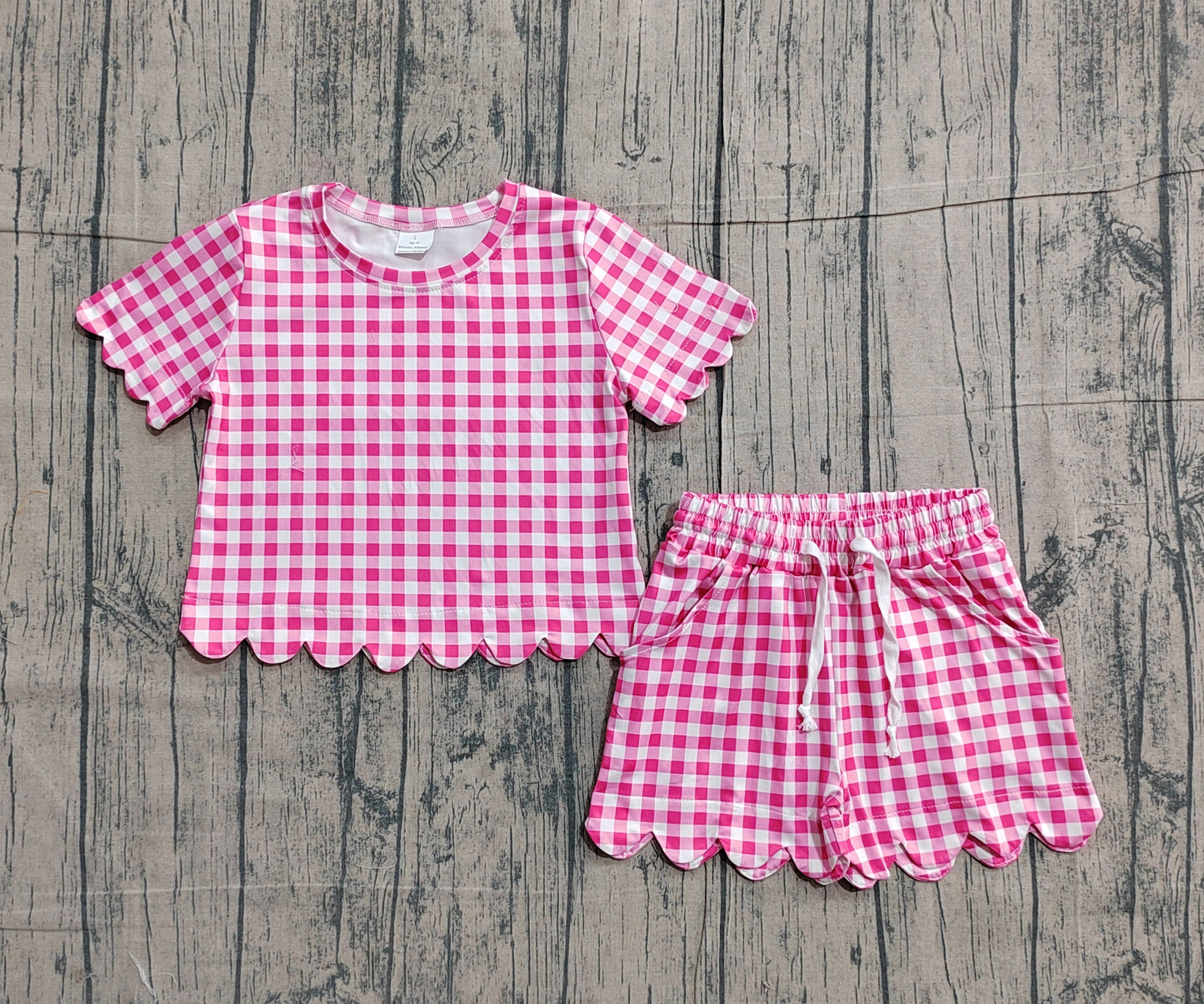 Pre-order Baby Girls Short Sleeve Pink Checked Shirts Top Scallop Shorts Clothes Sets