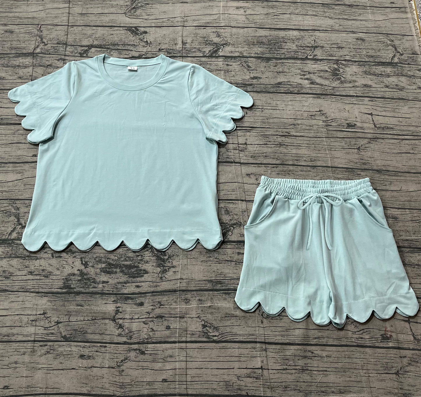 Pre-order Adult Women Light Blue Shorts Sleeve Shirts Top Scallop Short Clothes Sets