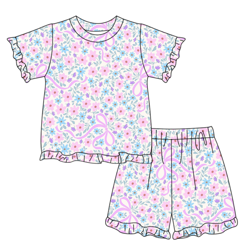 Pre order lavender flower bow ruffle shorts set