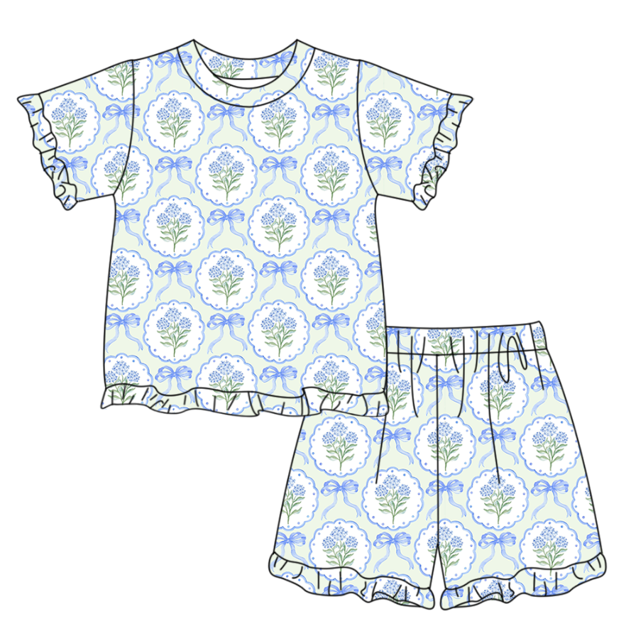 Pre order blue bow hydrangeas ruffle shorts set
