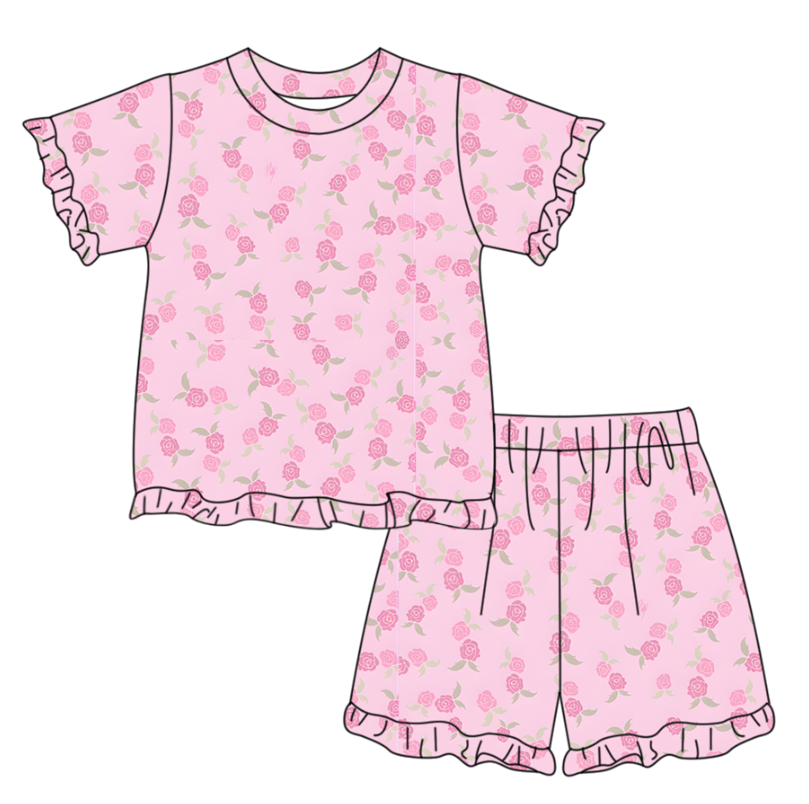 Pre order pink rose ruffle shorts set