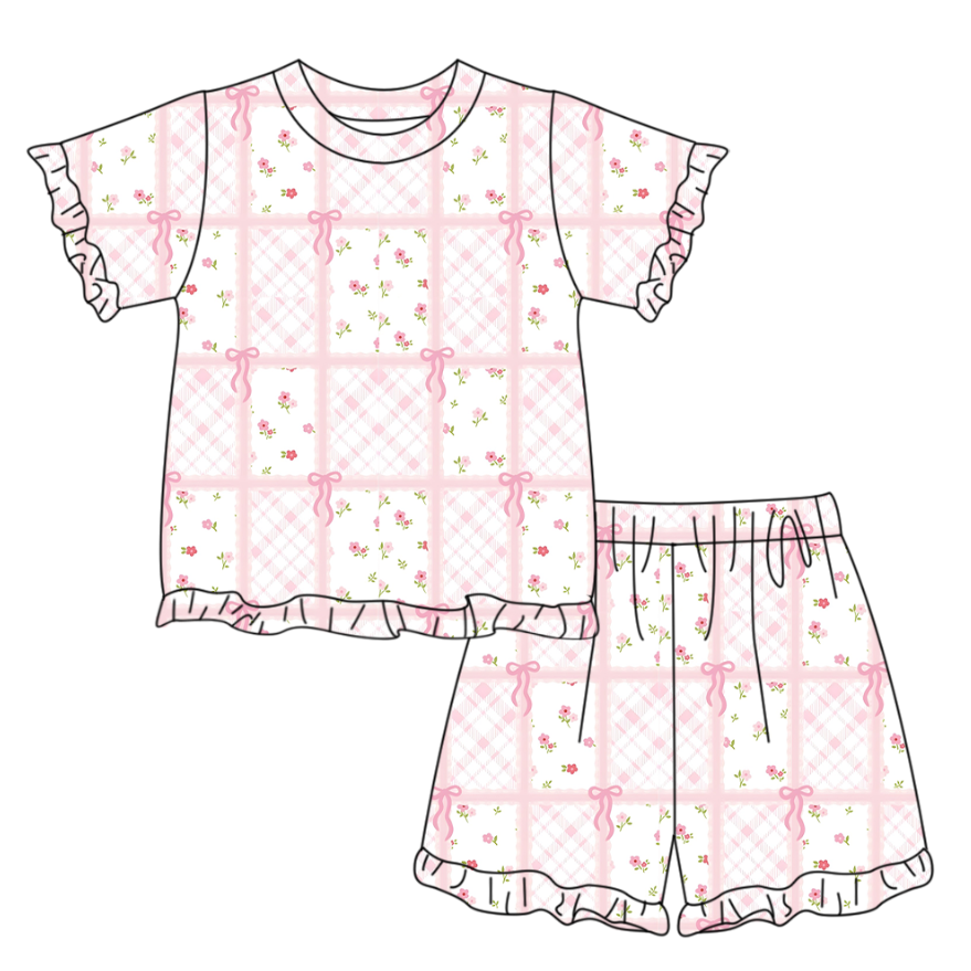 Pre order bow and flower patchwork ruffle shorts set